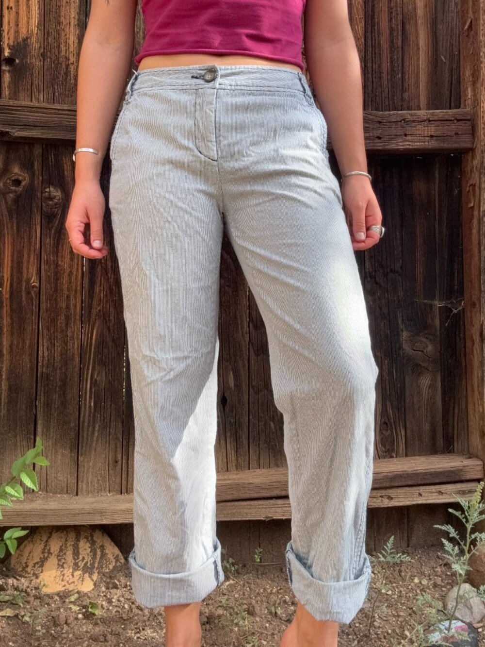 Mid-rise pinstripe straight leg pants